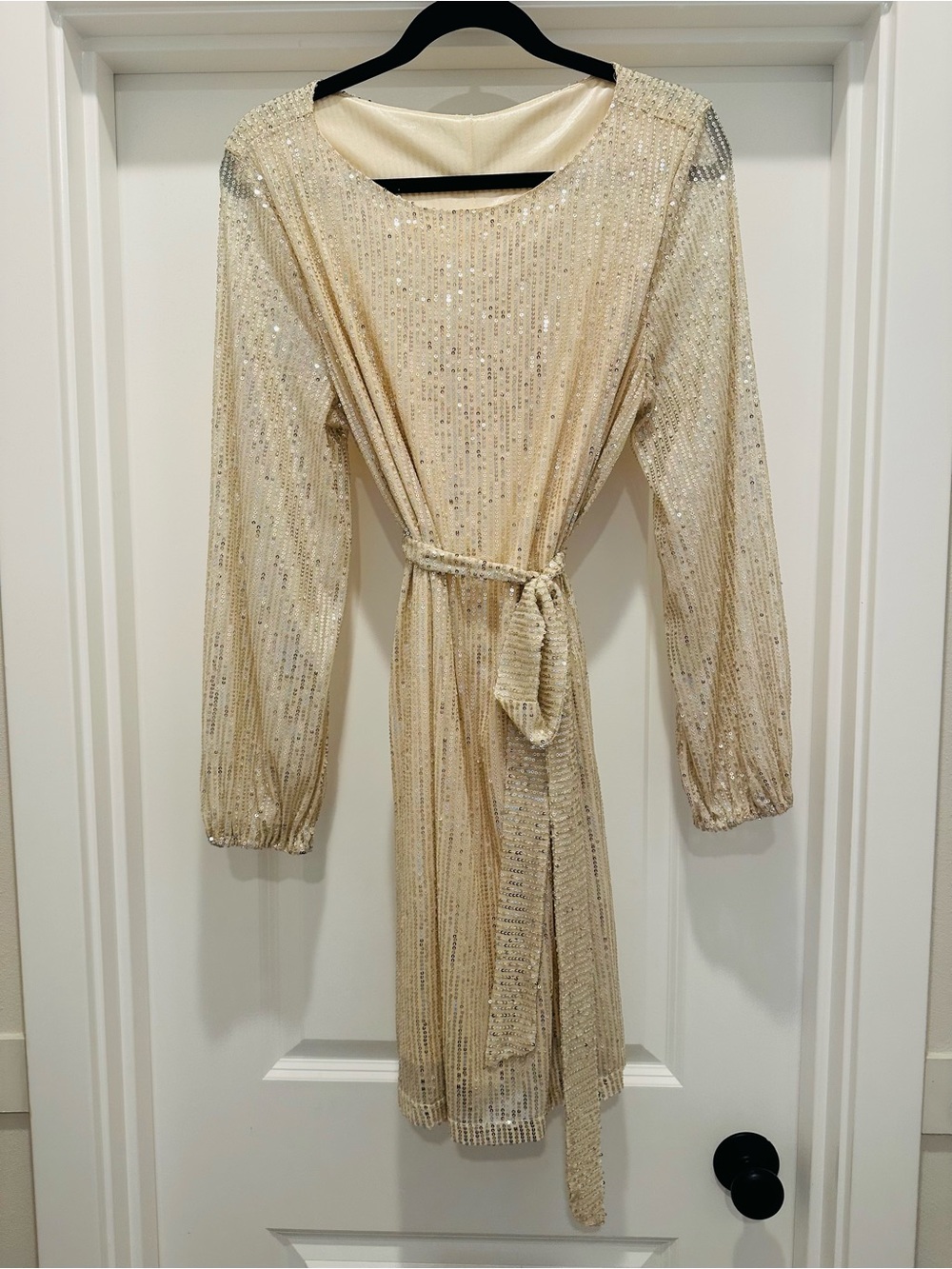 Sequin Belted Long-Sleeve Cream Party Dress
